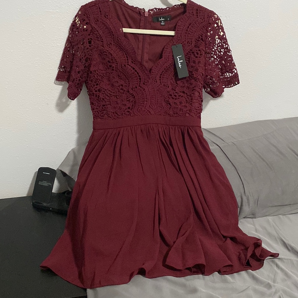Lulus Angel in Disguise Burgundy Lace Skater Dress